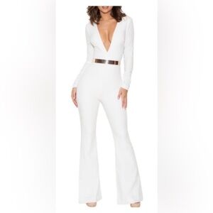 House of CB White Long-Sleeve Flare Jumpsuit with Metallic Belt